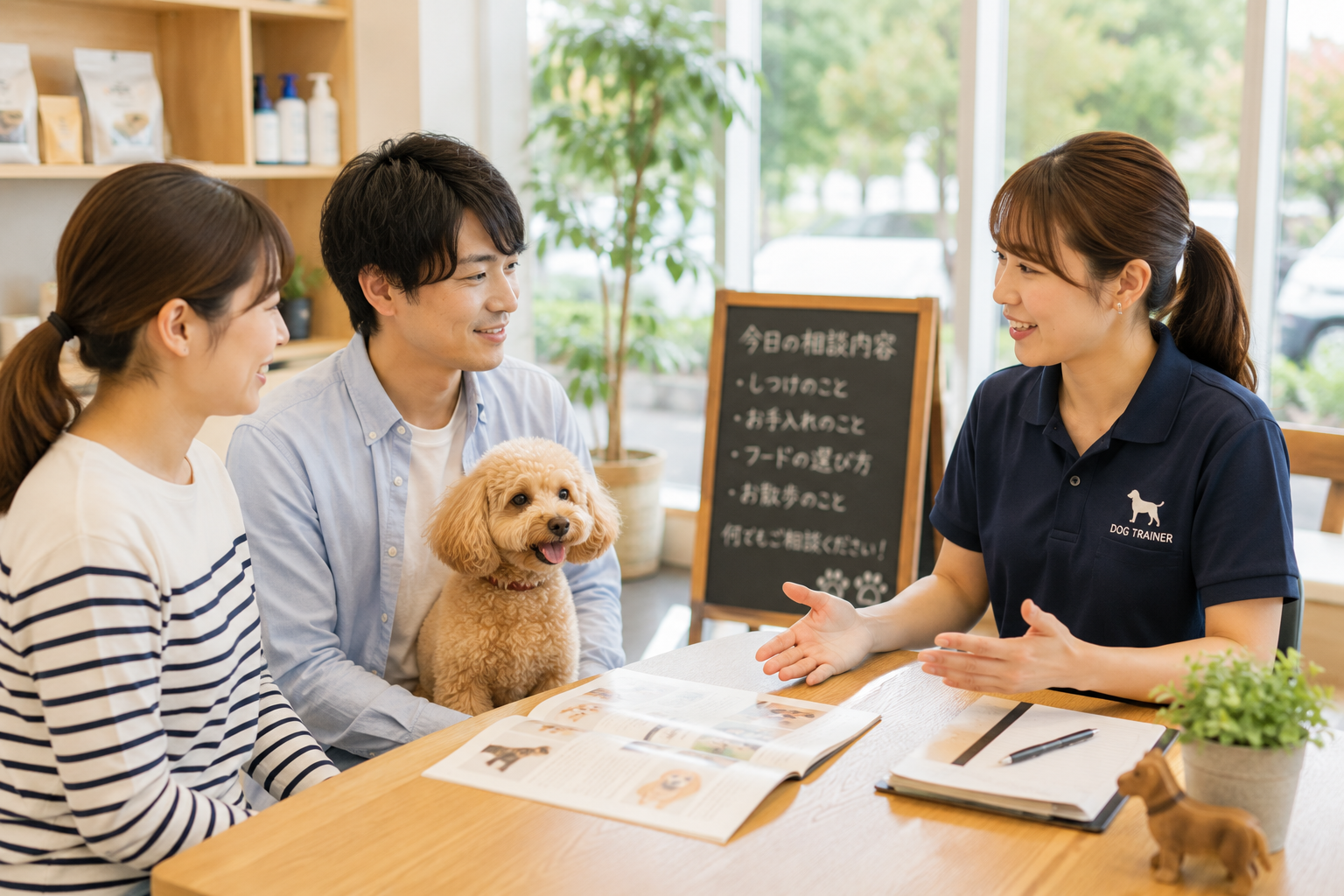 ワンちゃんと飼い主が専門家から学び相談している様子