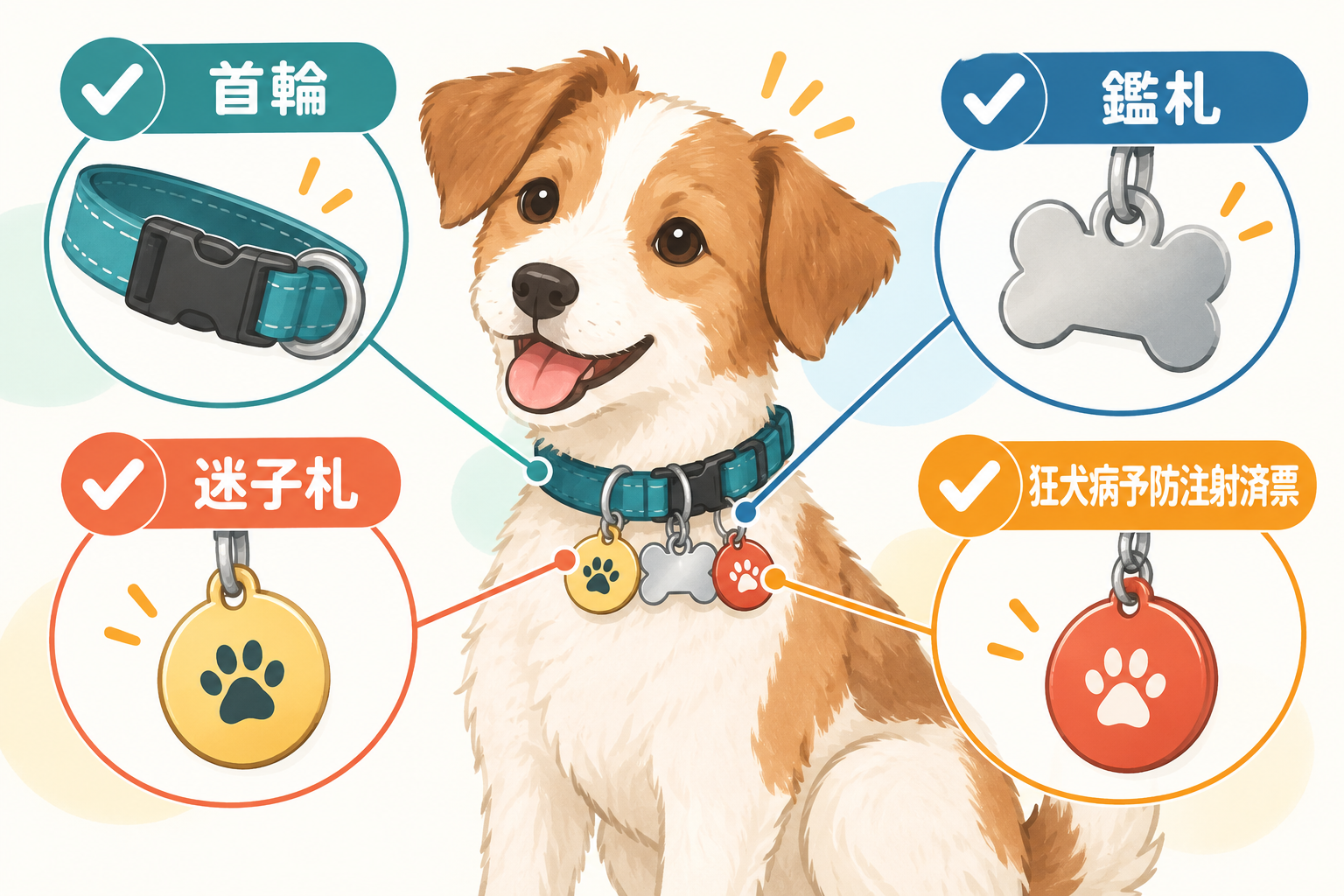 ワンちゃんの首輪、迷子札、鑑札、狂犬病予防注射済票を確認するイラスト